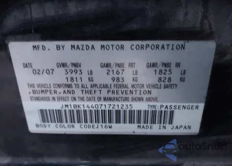 2007 Mazda Mazda3 S Sport from USA, damaged, VIN JM1BK144071721235